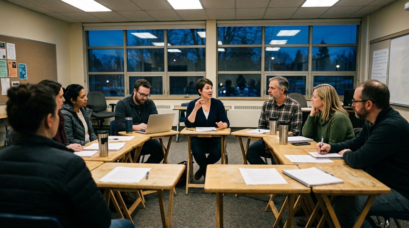 DPAC representatives around a table at a monthly general meeting